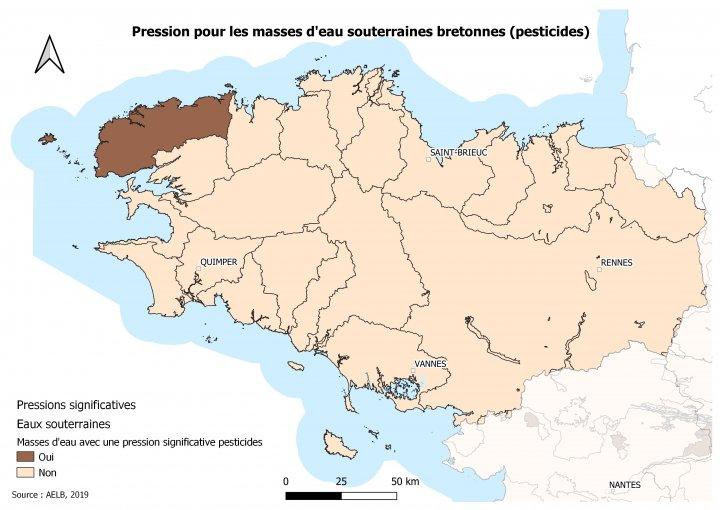 Pression brute liée aux apports diffus de pesticides dans les eaux souterraines bretonnesAELB Pression brute liée aux apports diffus de pesticides dans les eaux souterraines bretonnes