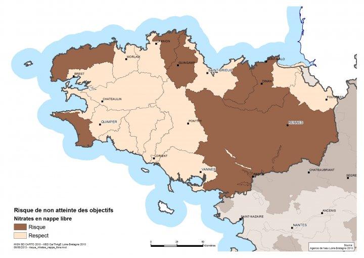 Risque de non atteinte des objectifs de qualité vis-à-vis des nitrates (nappes libres)AELB Risque de non atteinte des objectifs de qualité vis-à-vis des nitrates (nappes libres)