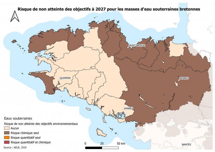 Risque de non-atteinte des objectifs à 2027 sur les masses d’eau souterraines bretonnesAELB Risque de non-atteinte des objectifs à 2027 sur les masses d’eau souterraines bretonnes