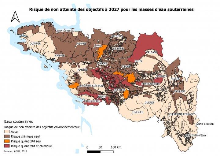 Risque de non-atteinte des objectifs à 2027 sur les masses d’eau souterraines du bassin Loire-BretagneAELB Risque de non-atteinte des objectifs à 2027 sur les masses d’eau souterraines du bassin Loire-Bretagne