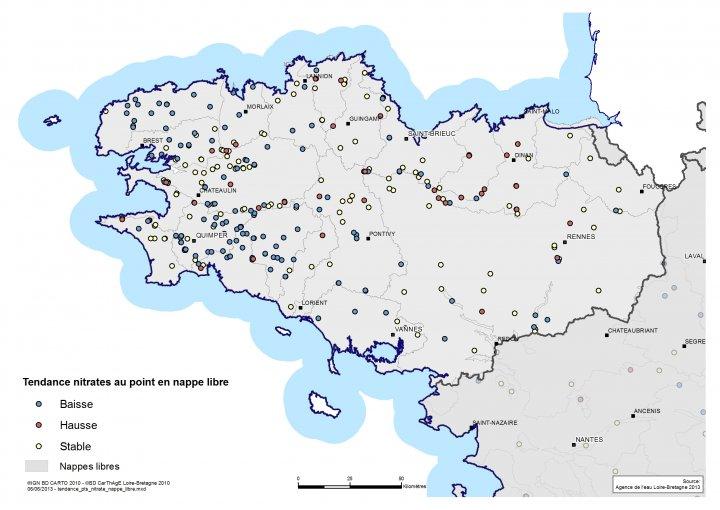 Tendance évolution des nitrates aux stations de mesuresBRGM Tendance évolution des nitrates aux stations de mesures