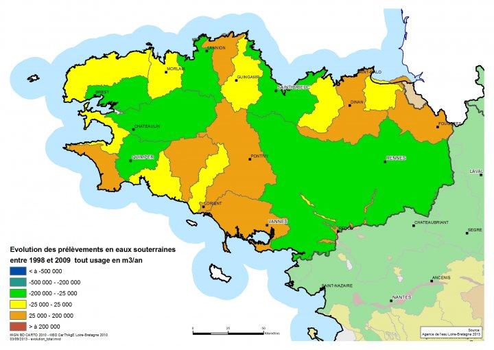 Tendances d’évolution des prélèvements déclarés à l’Agence de l’eau Loire-Bretagne par masse d’eau souterraine entre 1998 et 2009AELB Tendances d’évolution des prélèvements déclarés à l’Agence de l’eau Loire-Bretagne par masse d’eau souterraine entre 1998 et 2009