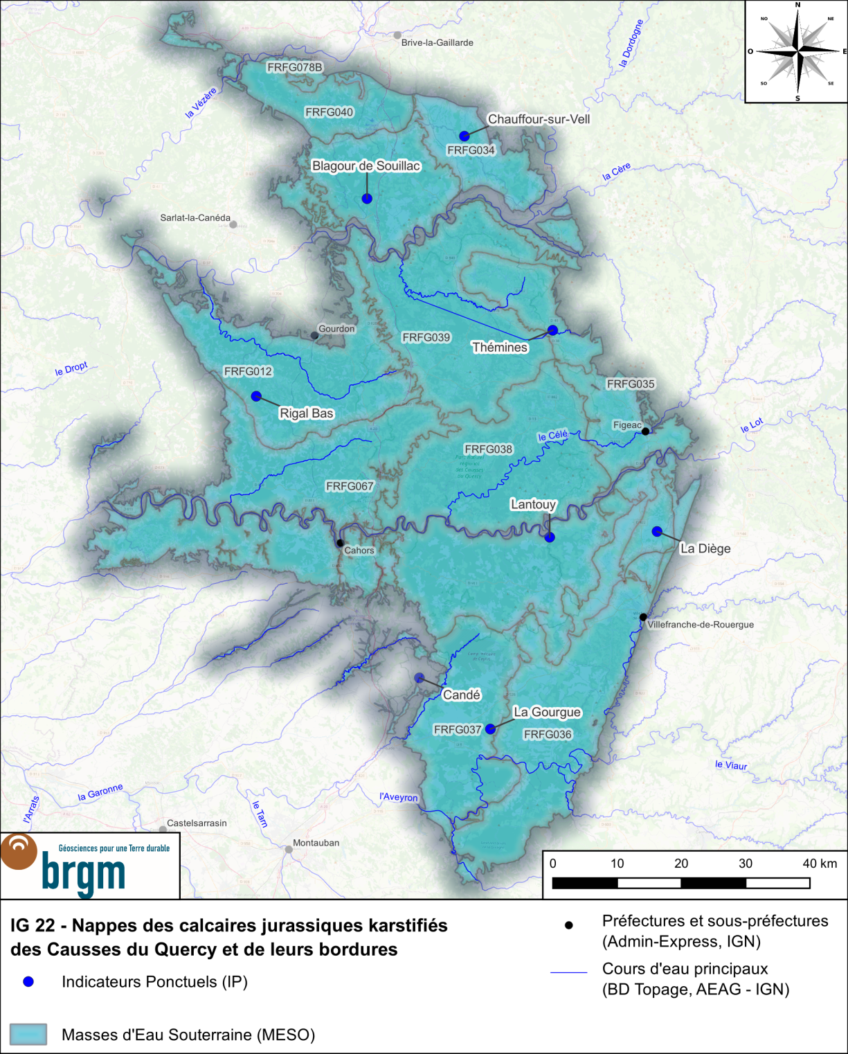 Carte de l'Indicateur Global 22 et des Indicateurs Ponctuels associésBRGM Occitanie - Site de Toulouse Carte de l'IG 22 et des IP associés