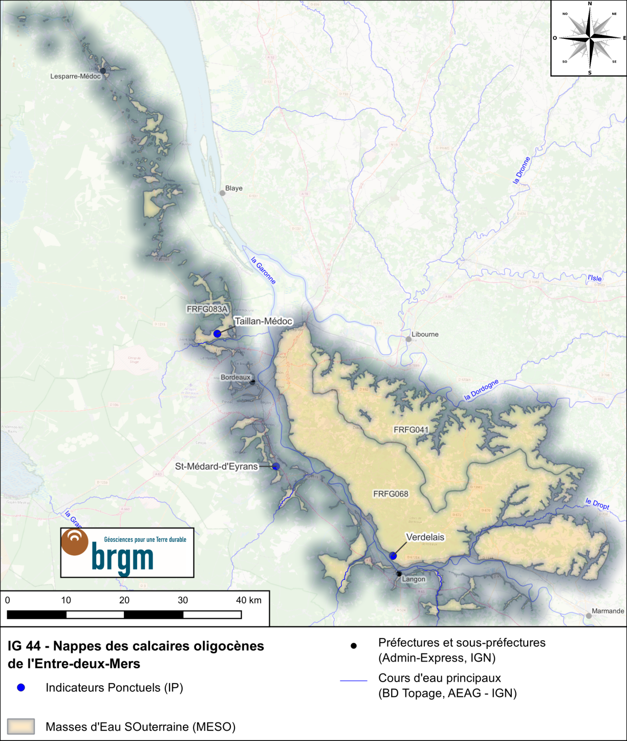 Carte de l'Indicateur Global 44 et des Indicateurs Ponctuels associésBRGM Occitanie - Site de Toulouse Carte de l'IG 44 et des IP associés