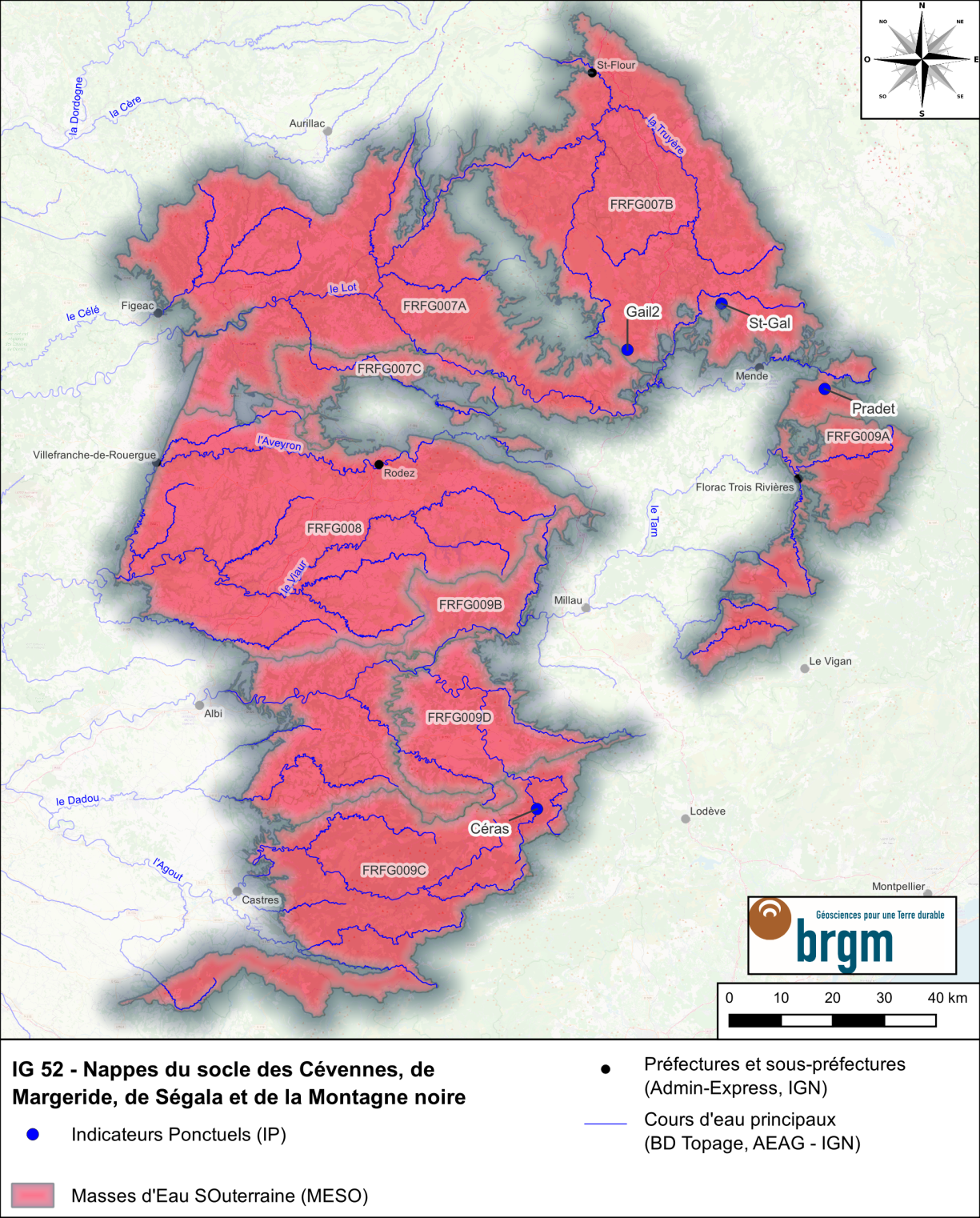 Carte de l'Indicateur Global 52 et des Indicateurs Ponctuels associésBRGM Occitanie - Site de Toulouse Carte de l'IG 52 et des IP associés