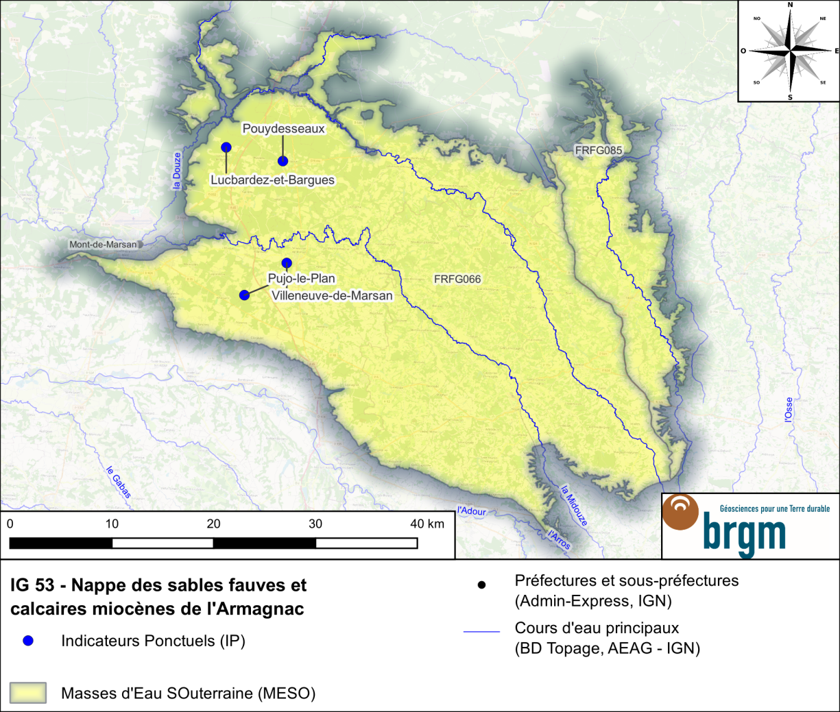 Carte de l'Indicateur Global 53 et des Indicateurs Ponctuels associésBRGM Occitanie - Site de Toulouse Carte de l'IG 53 et des IP associés