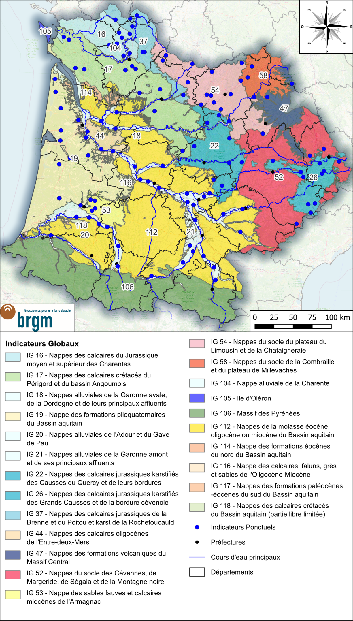 Carte des Indicateurs Globaux et des Indicateurs Ponctuels du bassin Adour-GaronneBRGM Occitanie - Site de Toulouse Carte des IG et IP du bassin Adour-Garonne