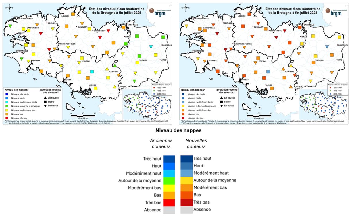 Comparaison des cartes de situation à fin juillet 2025 suite à l’évolution des couleurs des niveaux de nappesBRGM Comparaison des cartes de situation à fin juillet 2025 suite à l’évolution des couleurs des niveaux de nappes