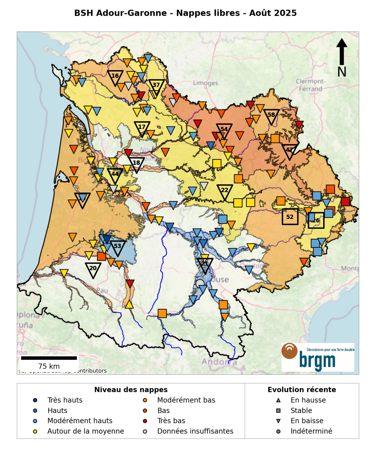 Bulletin de Situation des Nappes du bassin Adour-Garonne, Août 2025