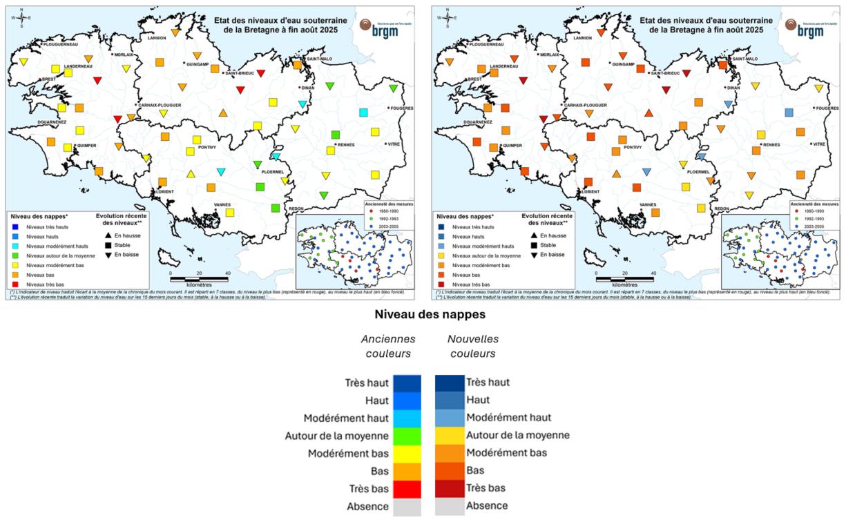 Comparaison des cartes de situation à fin août 2025 suite à l’évolution des couleurs des niveaux de nappesBRGM Comparaison des cartes de situation à fin août 2025 suite à l’évolution des couleurs des niveaux de nappes