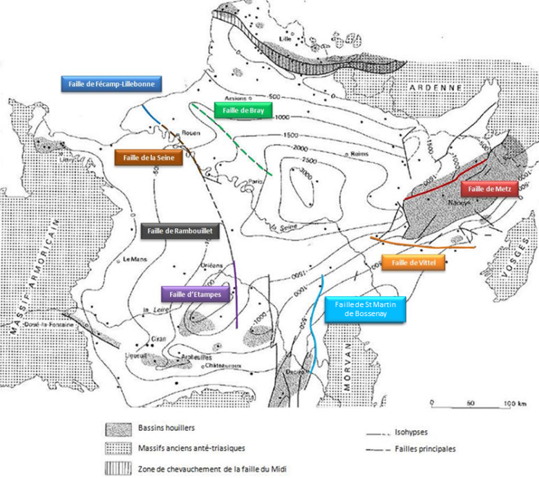 Carte structurale du Bassin Parisien au toit du Paléozoïque (C. MEGNIEN, 1980) modifiée en 2011