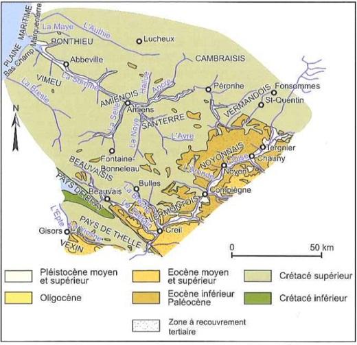 Carte simplifiée de la Picardie crayeuse
Extrait de « Aquifères et eaux souterraines en France », 2006
Carte simplifiée de la Picardie crayeuse ( Extrait de « Aquifères et eaux souterraines en France », 2006)