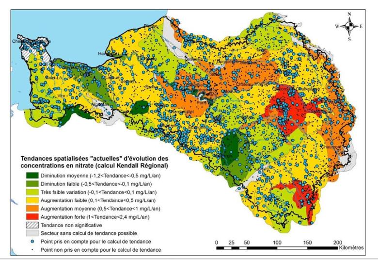 Carte de tendances d’évolution des concentrations en nitrate (Lopez B., 2012 - Baran N., 2012)