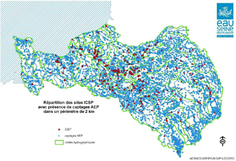 Répartition des sites ICSP dans le Bassin Seine-Normandie avec présence d’un captage AEP à moins de 2 km
AESN, 2012
Répartition des sites ICSP dans le Bassin Seine-Normandie avec présence d’un captage AEP à moins de 2 km (AESN, 2012)