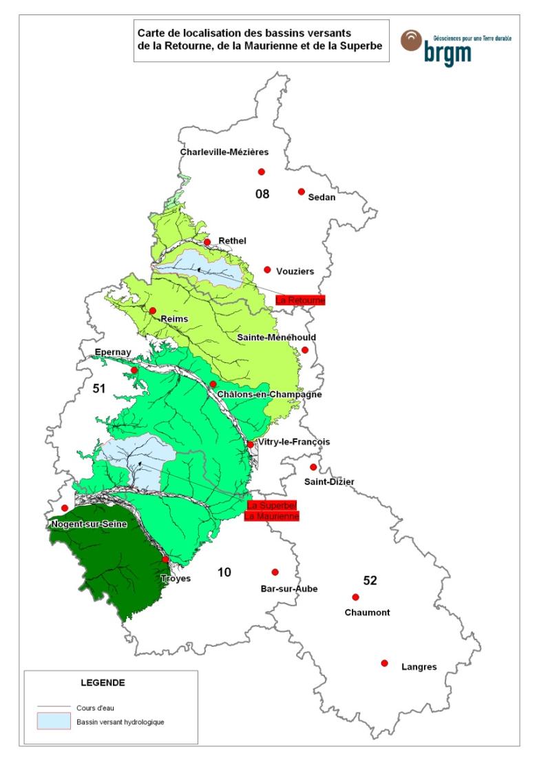 Carte de localisation des bassins versants de la Retourne, de la Maurienne et de la Superbe (BRGM)