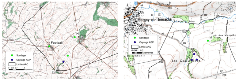 Carte des AAC (à gauche Landifay-et-Bertaignemont,à droite Morgny-en-Thiérache) et emplacement des parcelles H, L, M (Surdyk N. et al., 2014)