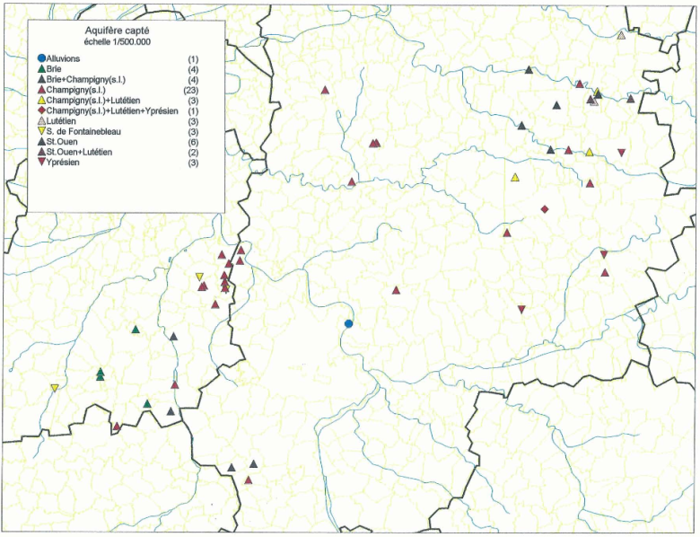 Répartition par aquifère des captages présentant des anomalies en sélénium dans l’Essonne et la Seine-et-Marne
BRGM, 1998
Répartition par aquifère des captages présentant des anomalies en sélénium dans l’Essonne et la Seine-et-Marne