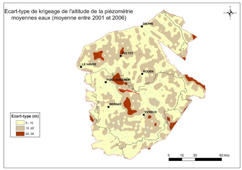 Illustration 1 - Écart-type de krigeage de la piézométrie de moyennes eaux (maxima de 2001 et 2006) (BRGM) Illustration 1