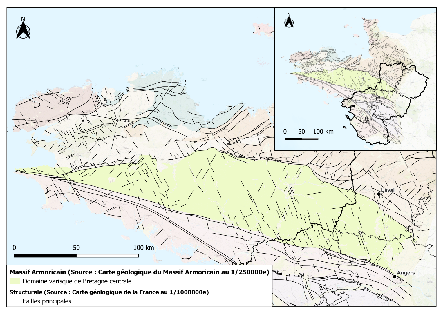 Carte du domaine varisque de Bretagne centrale au sein du Massif Armoricain
