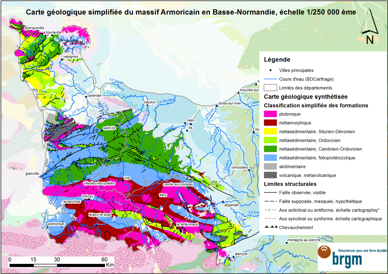 Carte géologique simplifiée du « socle » sur fond de carte géologique au 1/1 000 000e (BRGM)