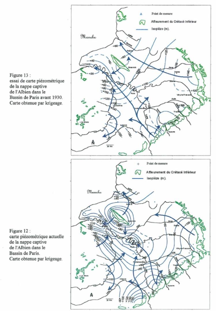 Cartes piézométriques avant 1830 (en haut) et en 1999 (en bas) obtenues par krigeage (Raoult, 1999)