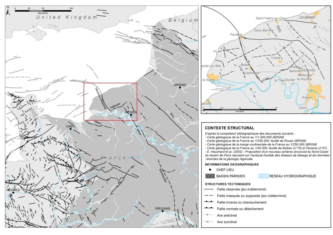 Situation et contexte structural de la zone d’étude sur la bordure ouest du Bassin de Paris (sources : carte géologique de la France à 1/1.000.000 (BRGM), carte géologique de la France à 1/250.000, feuille de Rouen (BRGM), carte géologique de la marge continentale de la France à 1/250.000 (BRGM), cartes géologiques de la France à 1/50.000 (feuilles de Bolbec et Fécamp) (BRGM), Hauchard et al., 2002)) (figure extraite du rapport BRGM/RP-67087-FR)