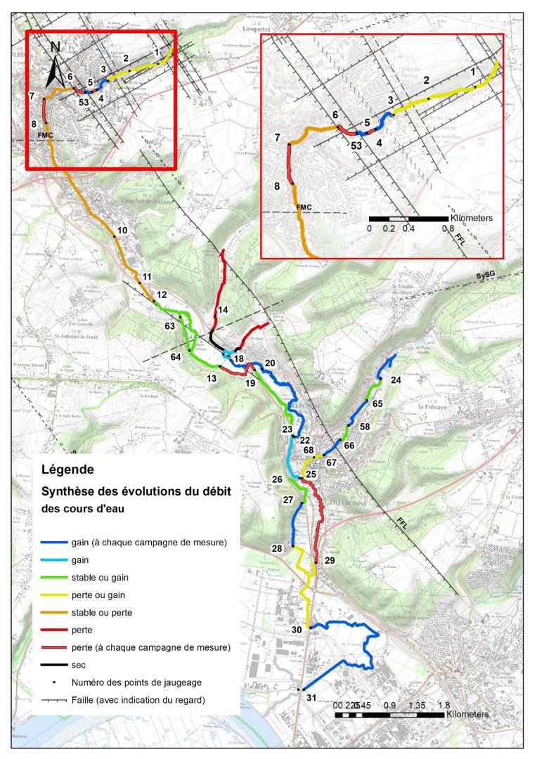 Synthèse des résultats interprétés des mesures de qualification et quantification des relations nappes rivières d’après les jaugeages et nivellements de 2017, 2018 et 2019