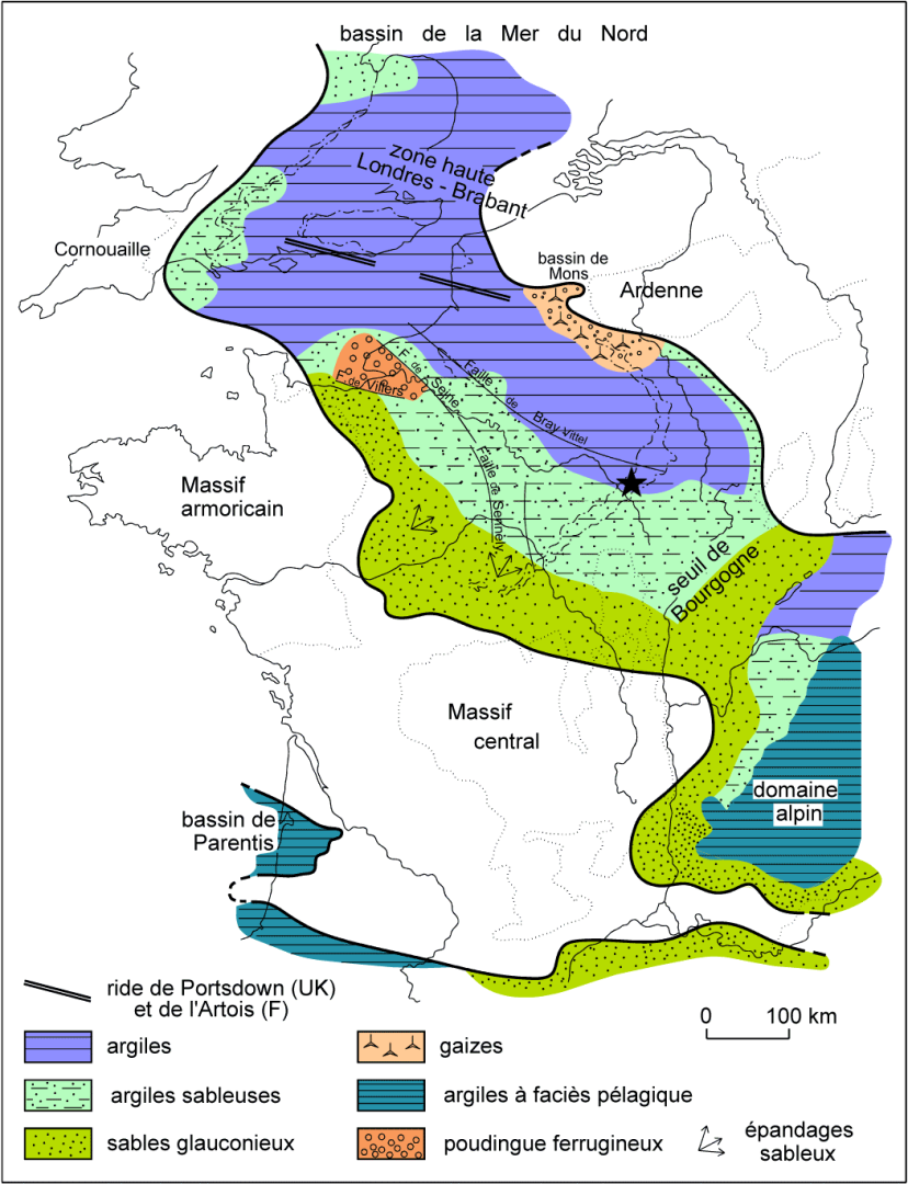 Carte paléogéographique du bassin anglo-parisien et des régions voisines à la base de l’Albien moyen (Sables des Drillons et Sables de Frécambault) d’après Amédro F. et Matrion B., 2014