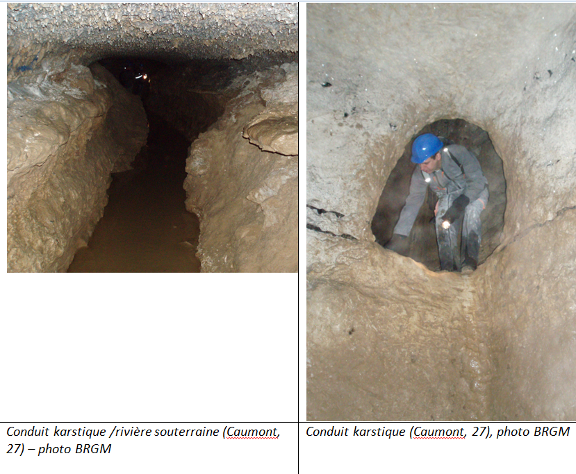 Photos de conduits karstiques observés dans la carrière souterraine de Caumont (27) (©BRGM)