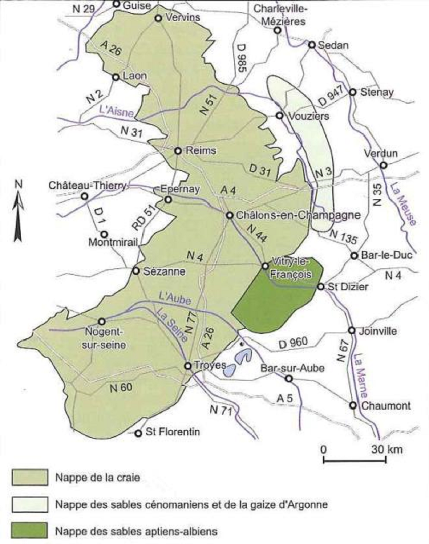 Aquifères crétacés en Champagne crayeuse : carte simplifiée (Extrait de « Aquifères et eaux souterraines en France », 2006)