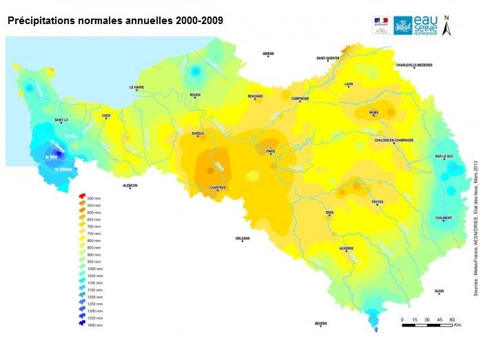 Précipitations normales annuelles 2000-2009 du bassin Seine-Normandie (MeteoFrance-AESN-DRIEE, 2013)
