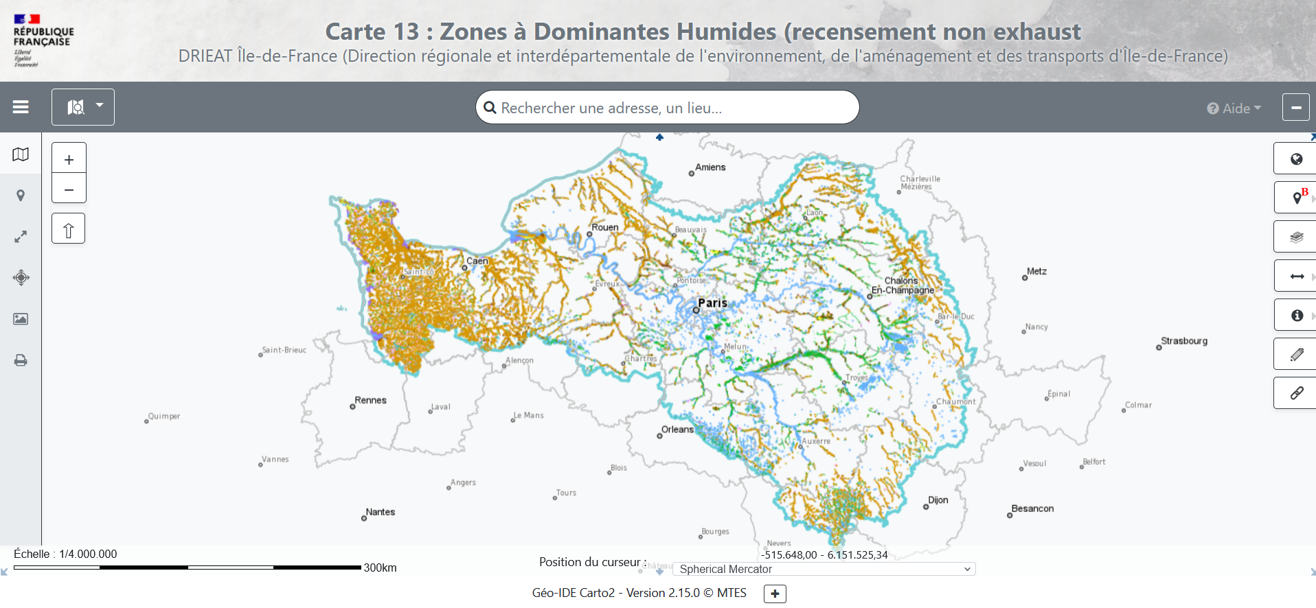 Capture d’écran de la carte dynamique des zones humides diffusée par la DRIEAT
