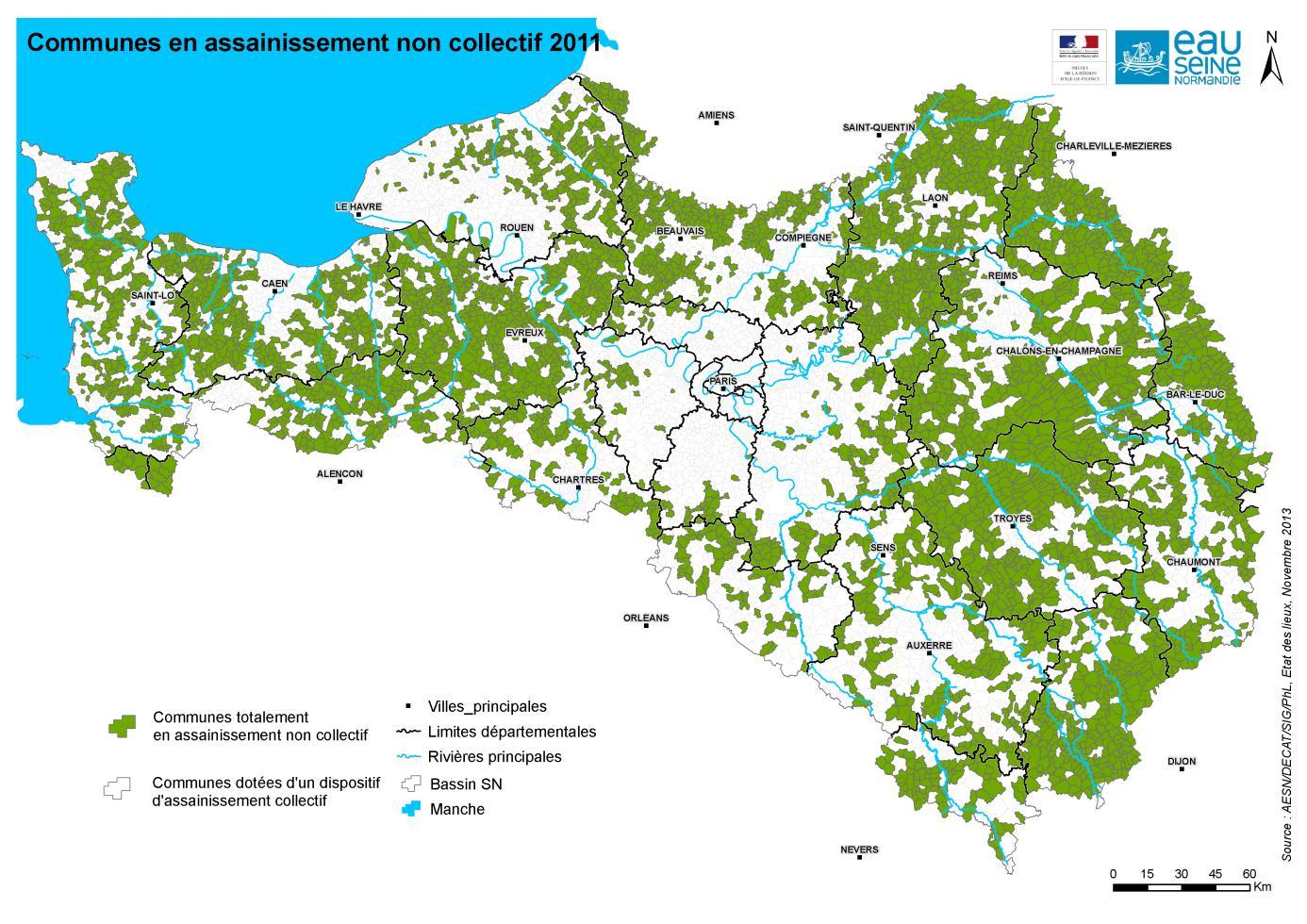 Carte des communes en ANC (AESN, Etat des Lieux, 2013)