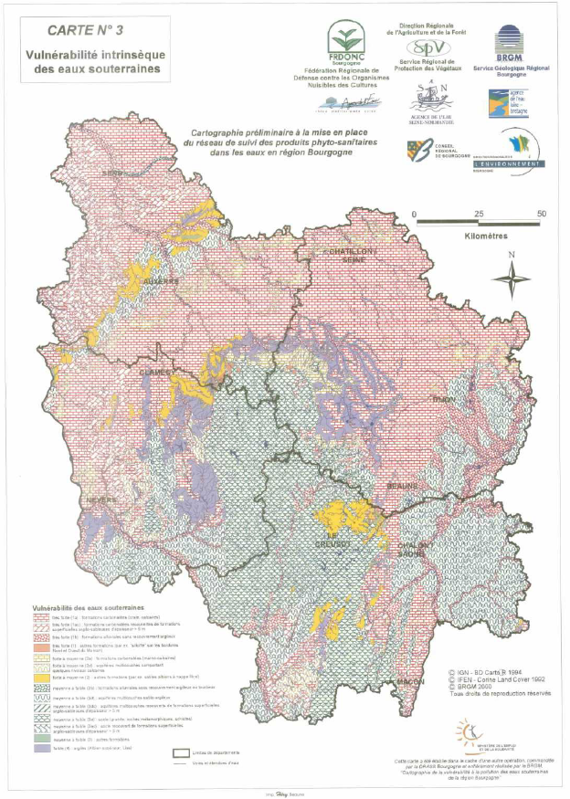 Vulnérabilité intrinsèque des eaux souterraines en Bourgogne (JAUFFRET.D. et al., 2001)