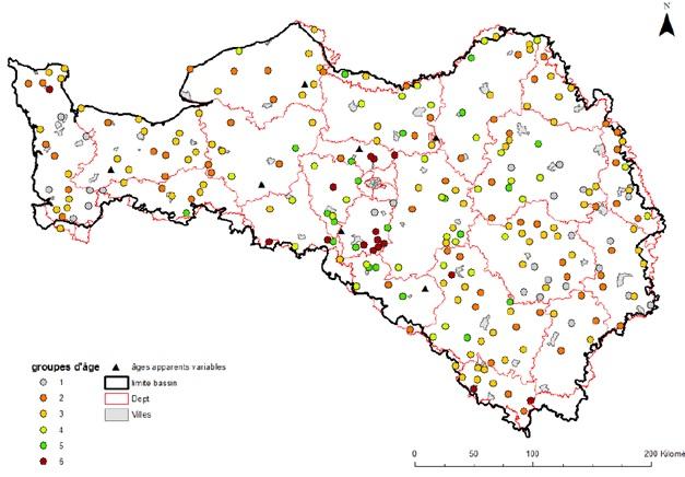 Synthèse des âges apparents estimés sur le bassin regroupés en 6 classes et localisation des points où l’âge varie d’une période à l’autre (n=239)
BRGM, Lopez B., Baran N., 2012
Synthèse des âges apparents estimés sur le bassin regroupés en 6 classes et localisation des points où l’âge varie d’une période à l’autre (n=239) (BRGM, Lopez B., 2012 - Baran N., 2012)