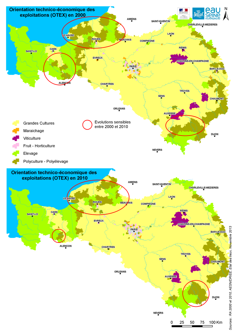Evolution des OTEX par canton (AESN, Etat des Lieux 2013, RA 2000 et 2010)