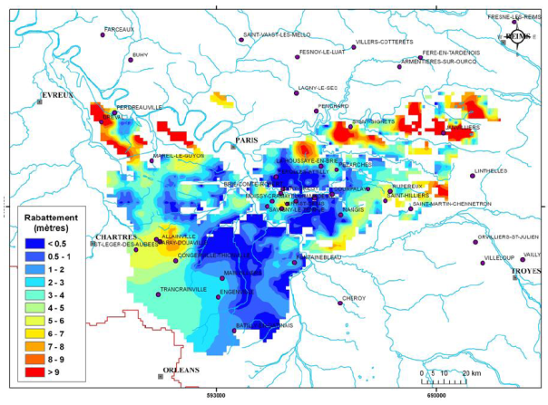 Calcaires de Beauce - Baisse du niveau moyen de la nappe sur la période 2046-2065 (moyenne des sept modèles de climat) par rapport à la période de référence (1961-1990) (EXPLORE 2070)