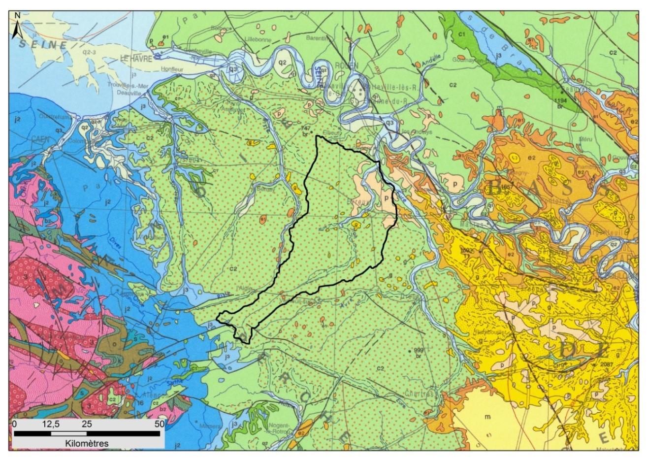 Localisation du secteur d’étude sur la carte géologique de la France au 1/1.000.000 (©BRGM) (j3 : Jurassique supérieur, c1 : Crétacé inférieur, c2 : Crétacé supérieur, e : Eocène, g : Oligocène, p : Pliocène) (extrait de BRGM/RP-65618-FR)