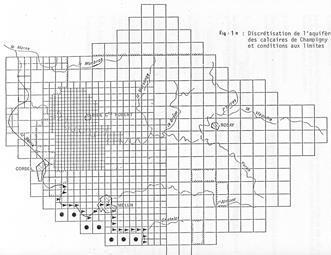 Le maillage du modèle re-étalonné en 1989 (mailles de 635, 1270 et 2540 m de côté) (SAFEGE)