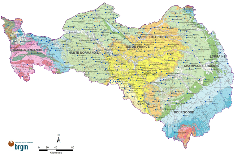 Carte de répartition des stations du réseau piézométrique sur le bassin Seine-Normandie