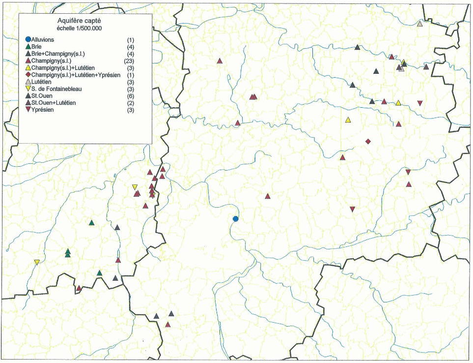 Répartition par aquifère des captages présentant des anomalies en sélénium dans l’Essonne et la Seine-et-Marne
BRGM, 1998
Répartition par aquifère des captages présentant des anomalies en sélénium dans l’Essonne et la Seine-et-Marne