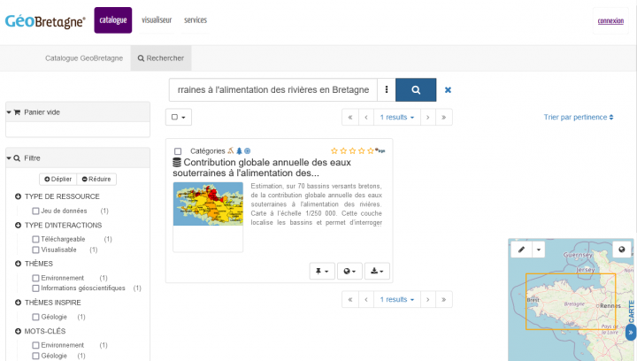 Capture d’écran de GéoBretagne avec moissonnage d’une donnée du SIGES Bretagne