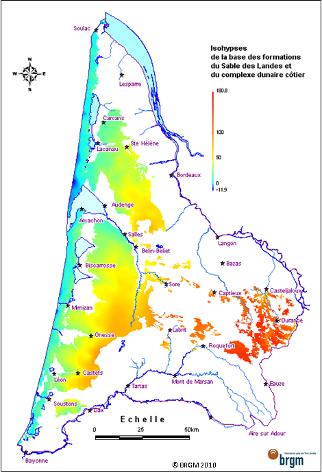 Figure 4 - Isohypses (courbes d'égale altitude) de la base du Sable des Landes et des sables dunaires