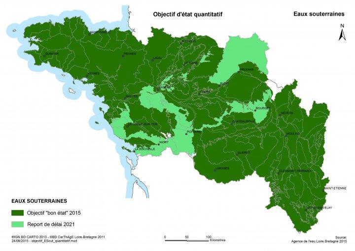 Objectif d’état quantitatif des masses d’eau souterraines du bassin Loire-Bretagne (source : AELB)