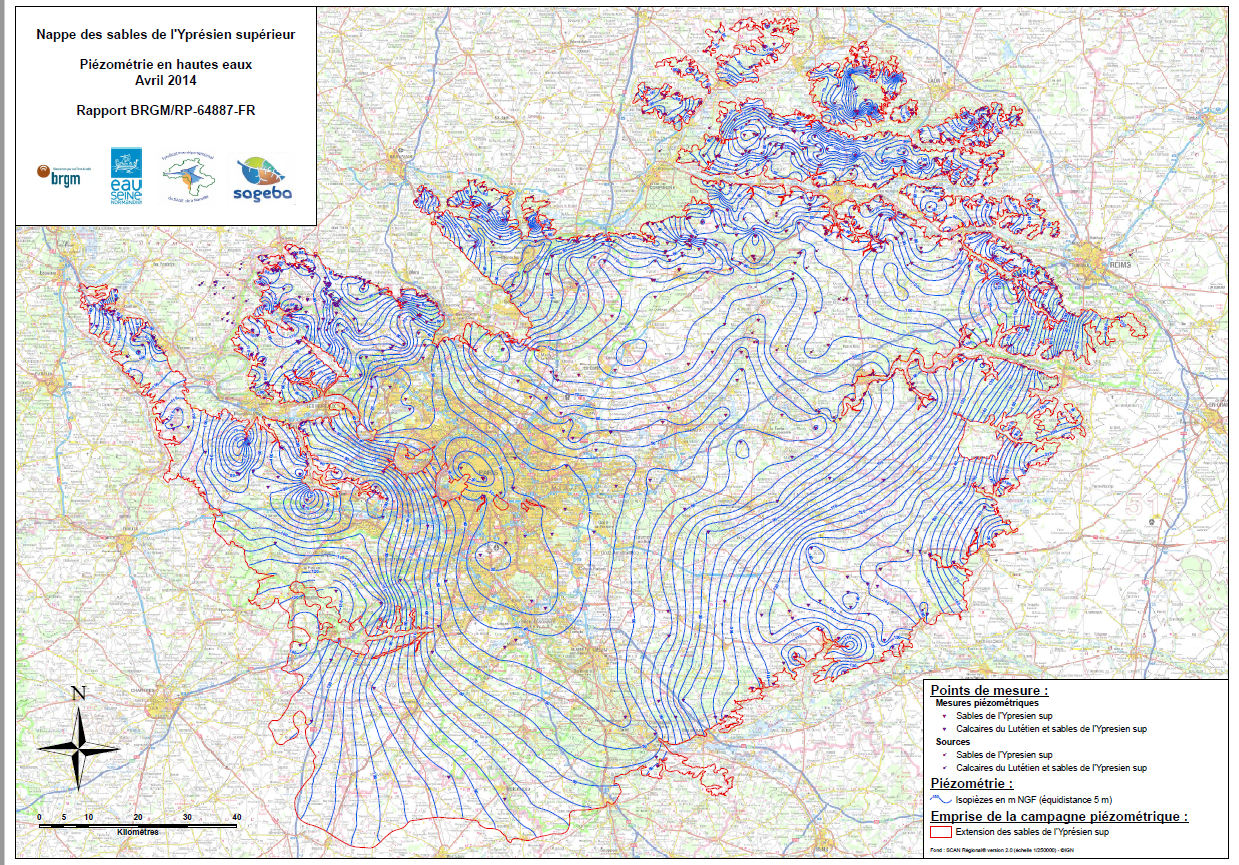 Nappe des sables de l'Yprésien supérieur - Piézométrie en hautes eaux Avril 2014 