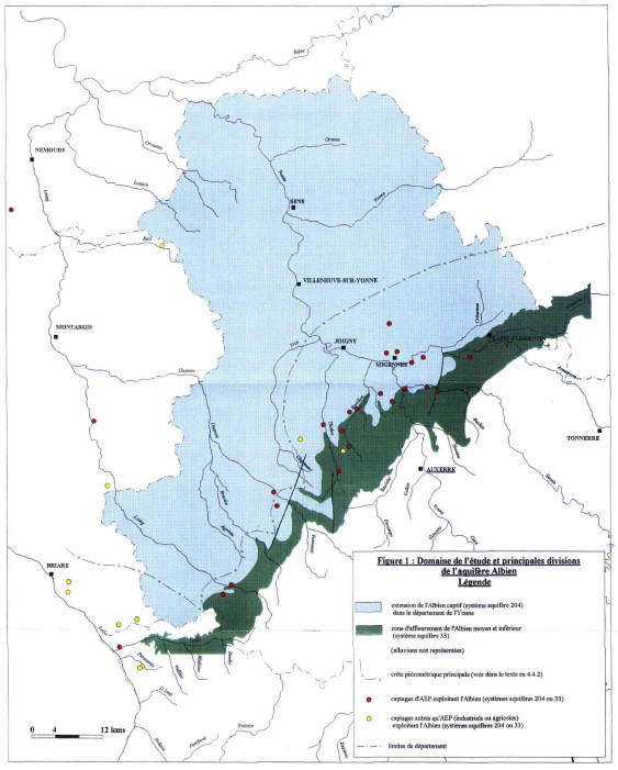 Domaine de l’étude et principales divisions de l’aquifère Albien (Jauffret. D, Toubin. J., 1995)