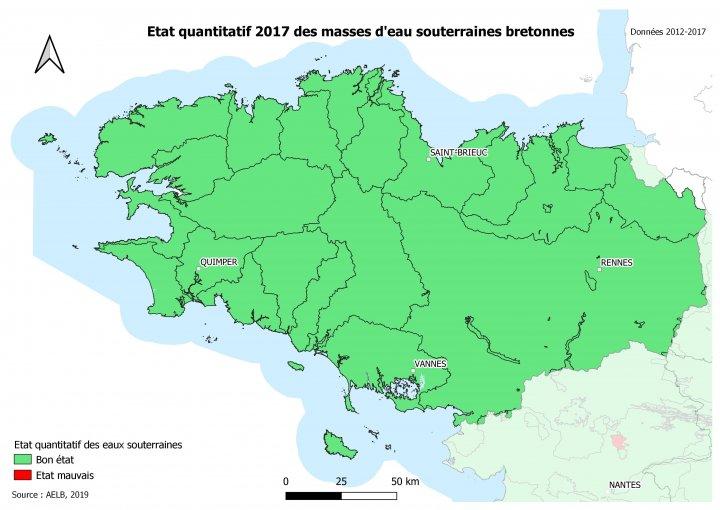 État quantitatif 2017 des masses d’eau souterraines bretonnes