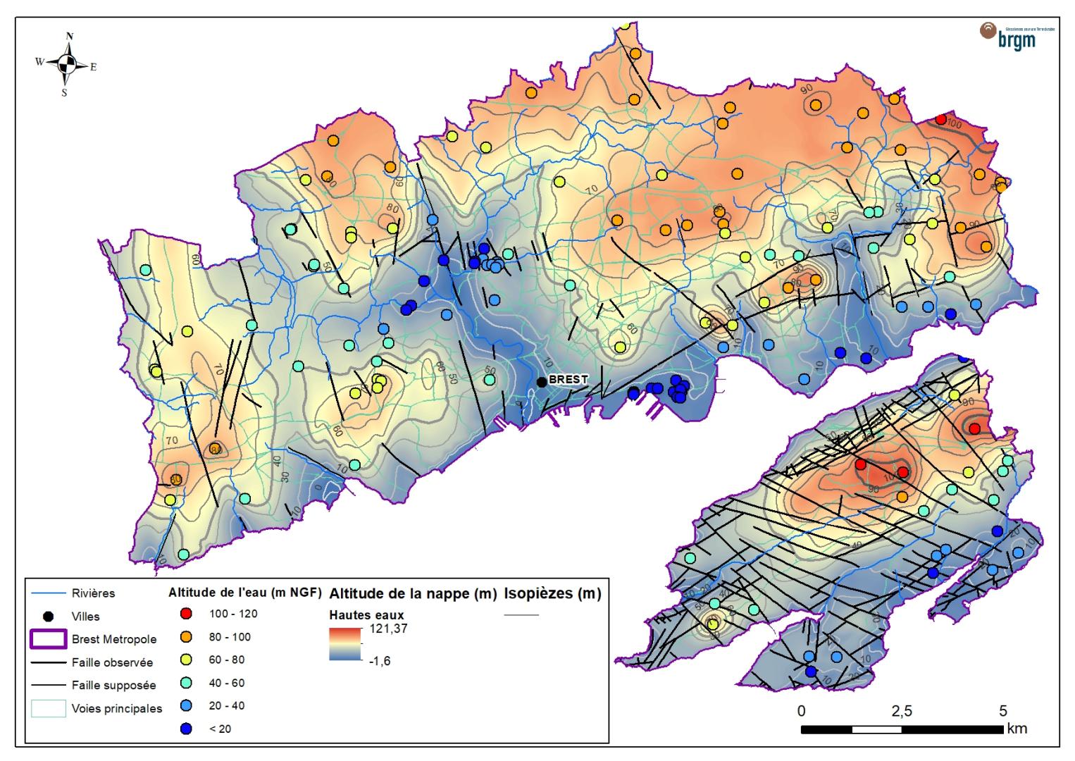 Carte piézométrique hautes eaux 2021 sur le territoire de Brest Métropole (rapport BRGM/RP-71268-FR)