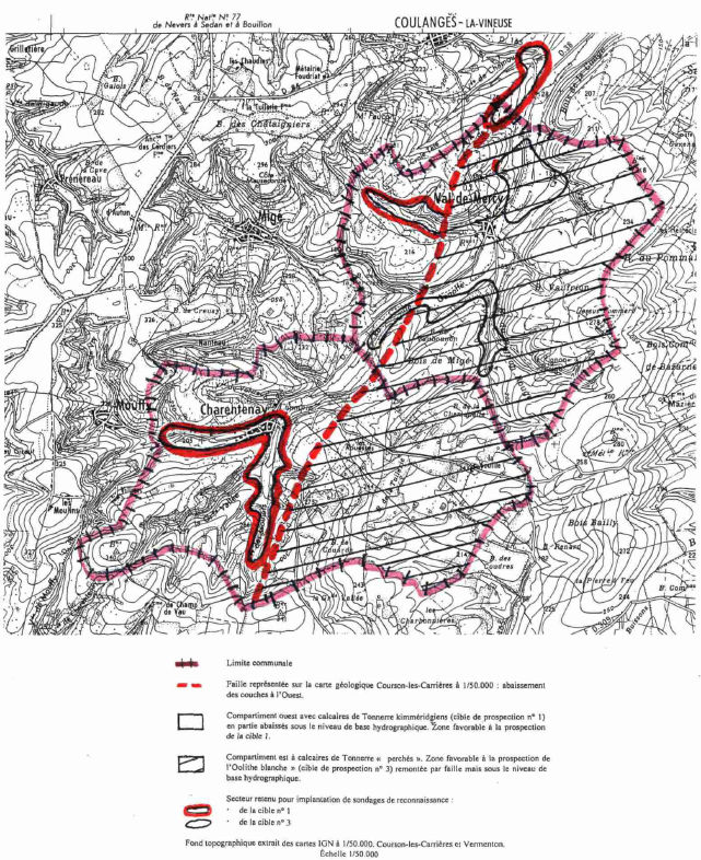 Secteurs favorables à la recherche d’eau par sondage à Val de Mercy et Charentenay (CORNET.J., JAUFFRET.D., 1998)